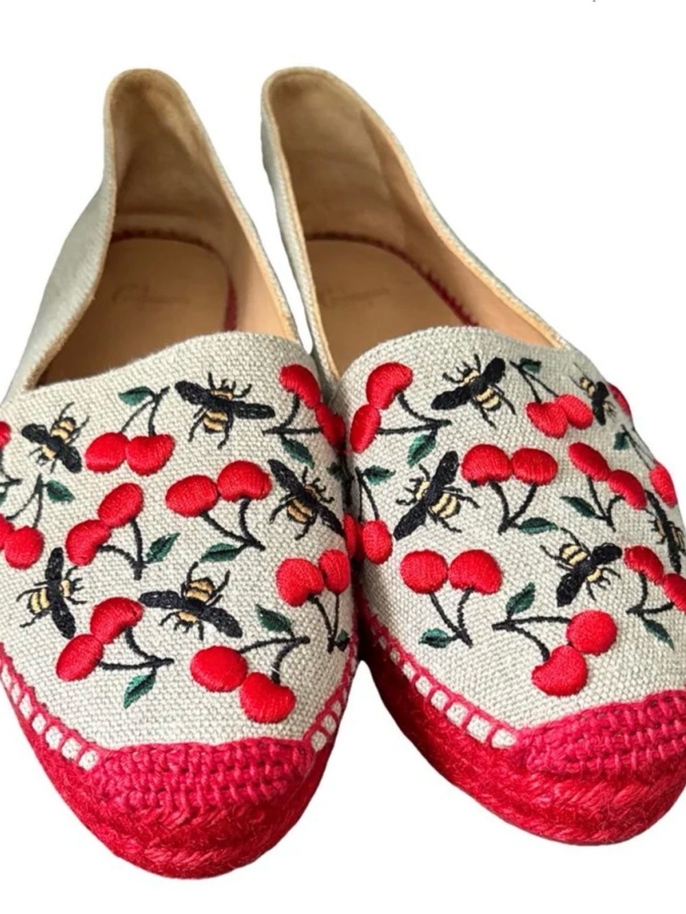 Embroidered Cherry & Bee Slip-On Flats in Red and Natural